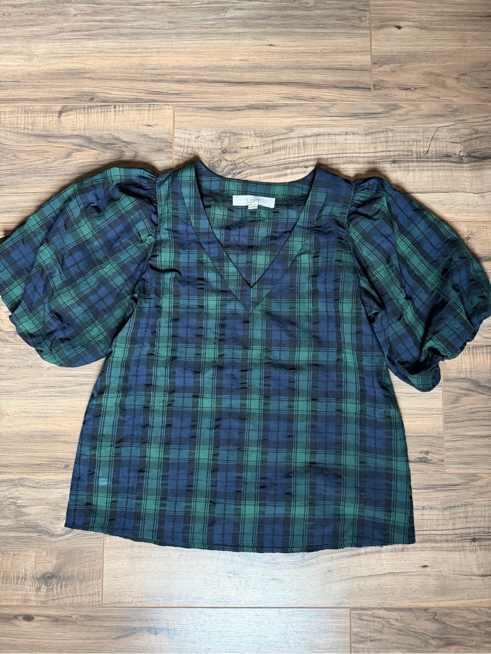 LOFT XS Tartan Green and Blue Plaid V‑Neck Puff Sleeve Top